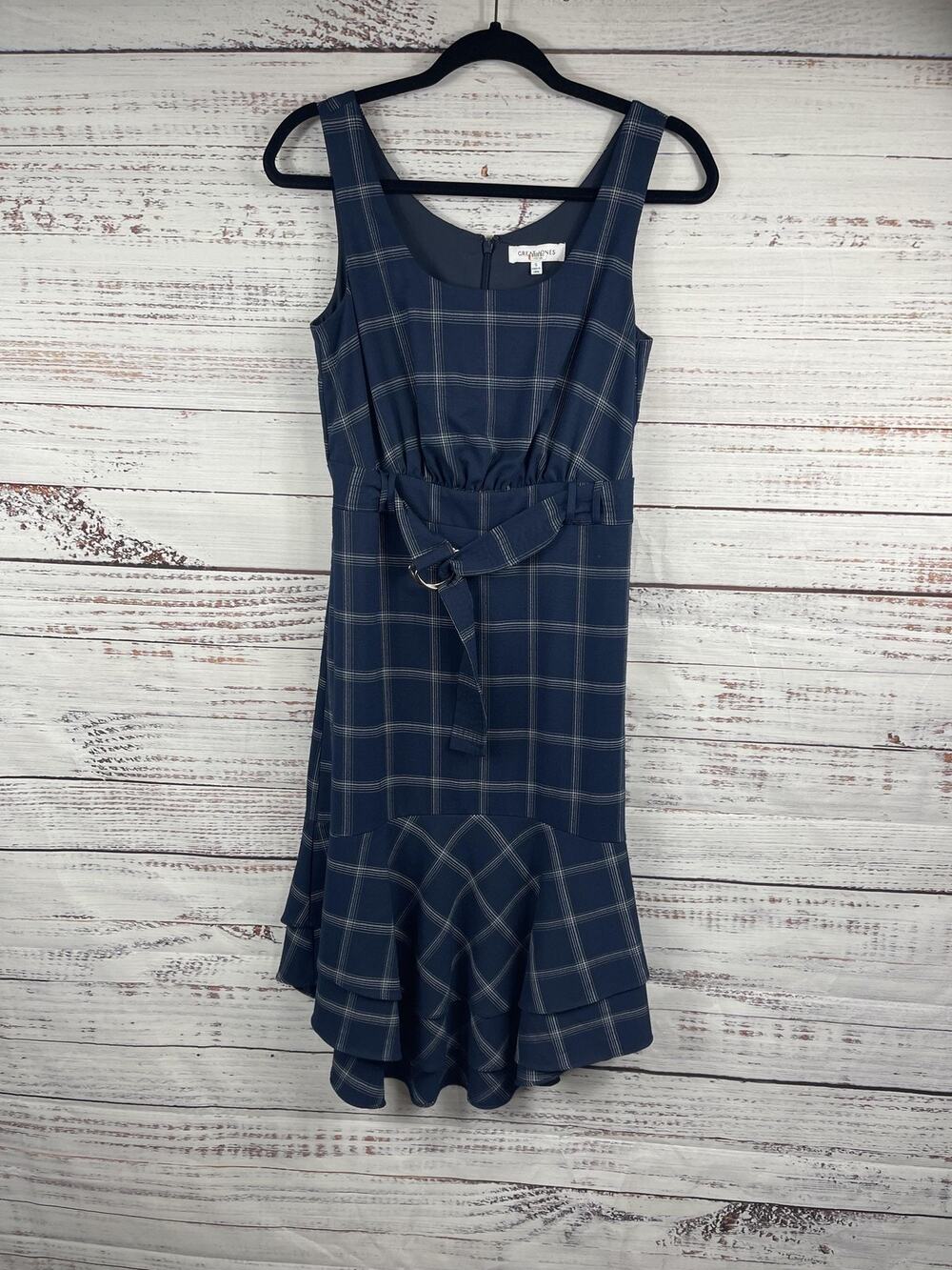 Great Jones Dress Women's Size Small Blue Plaid Belted Fit Flare Tank Ruffle Hem